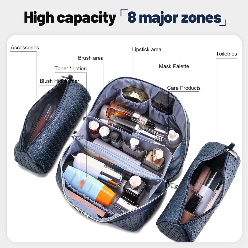 BOYATU Travel Makeup Bag Cosmetic Bags for Women: Large Capacity 3 Pcs Set Make up Bag with Compartments - Waterproof Vegan Leather Toiletry Organizer Bags with Handle (L40 Blue) - Image 4